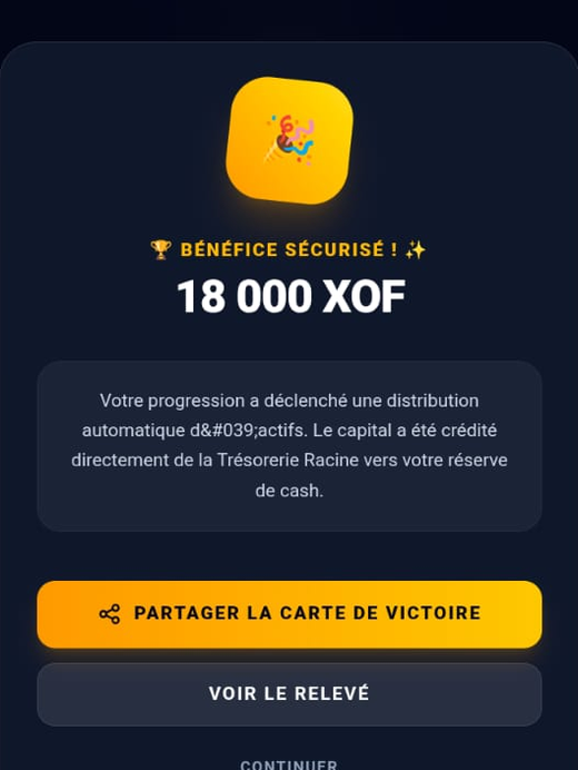 Example cash reward notification showing 18,000 XOF